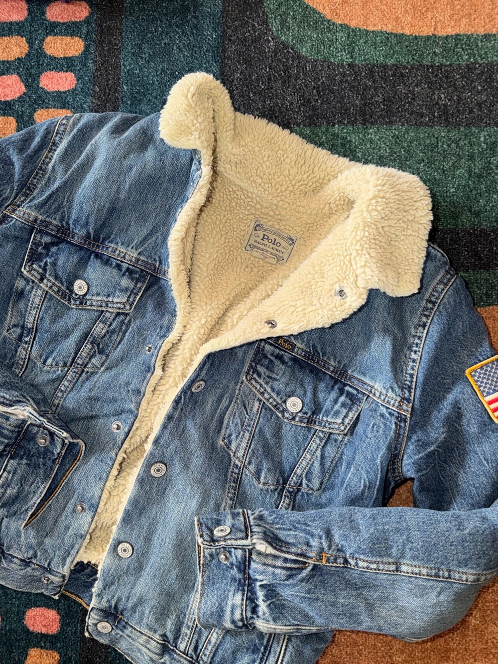 Polo by Ralph Lauren Blue Denim trucker Jacket with Cream Sherpa lining. Boys XL - Picture 6 of 7